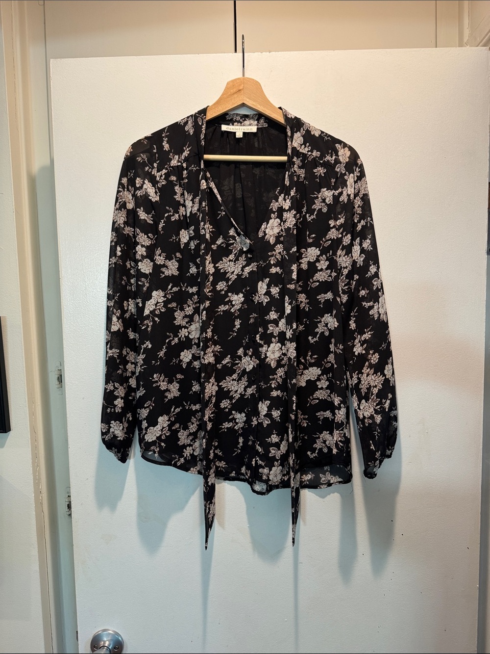 Daniel Rainn Black Floral Tie-Neck Blouse